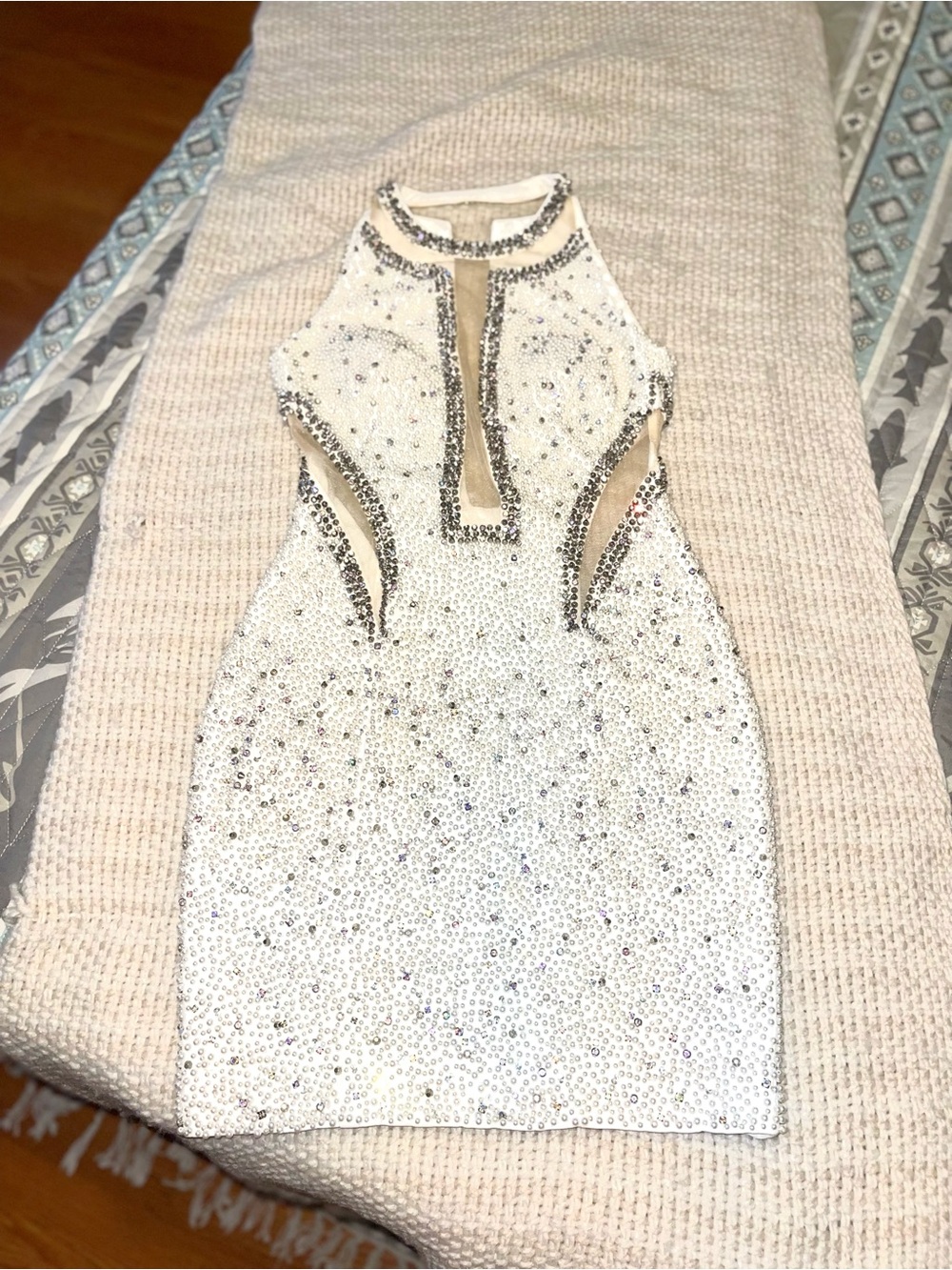 Jovani Ivory Beaded Halter Mini Dress with Silver Accents - Picture 3 of 14